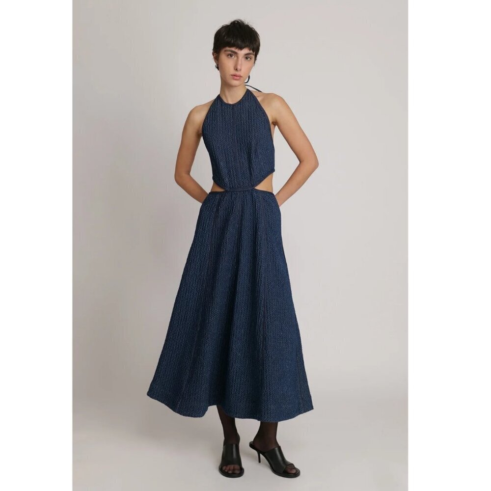 Sabina Musayev Eti Midi Maxi Dress Cut Out Halter Denim Summer Sundress Tie Back
